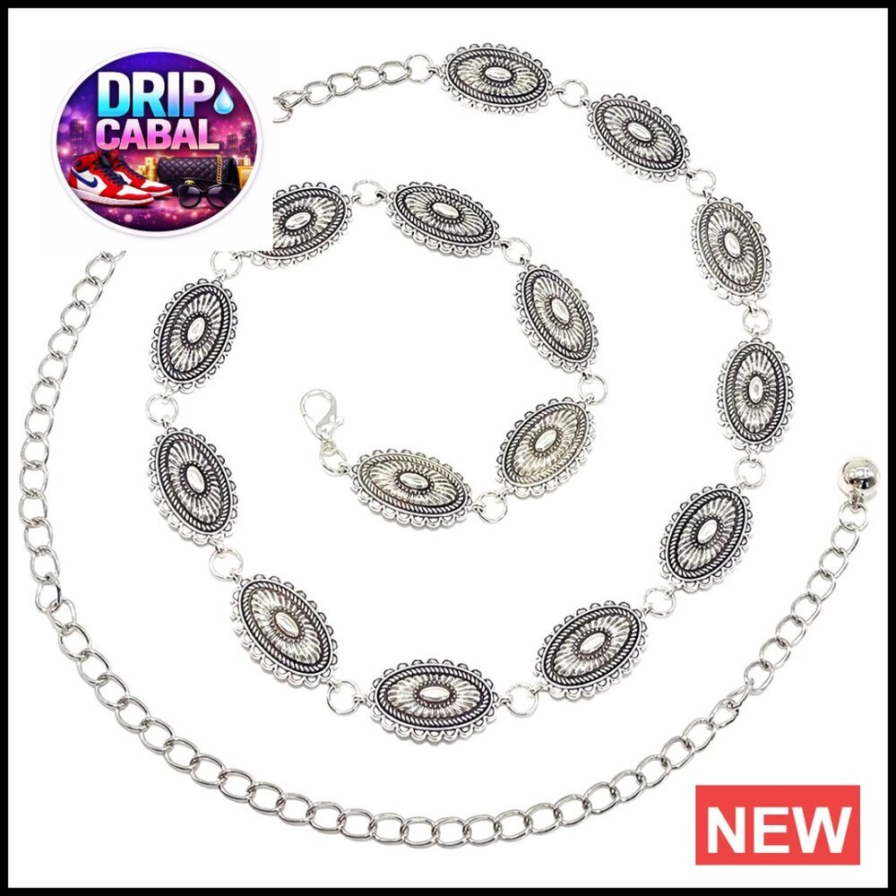 Boho Concho Chain Belt Adjustable Fit Western Cowgirl Style for Dresses Jeans